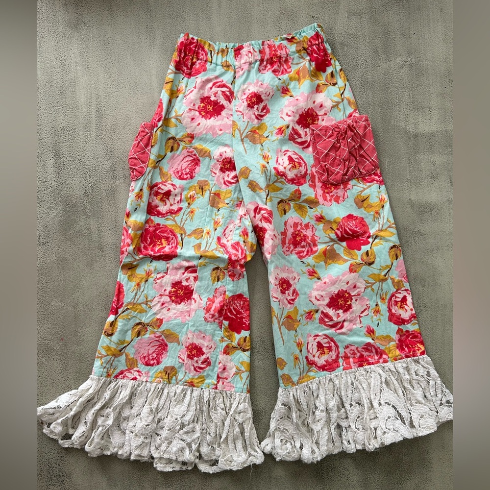 Floral Kids Pants with lace Hem